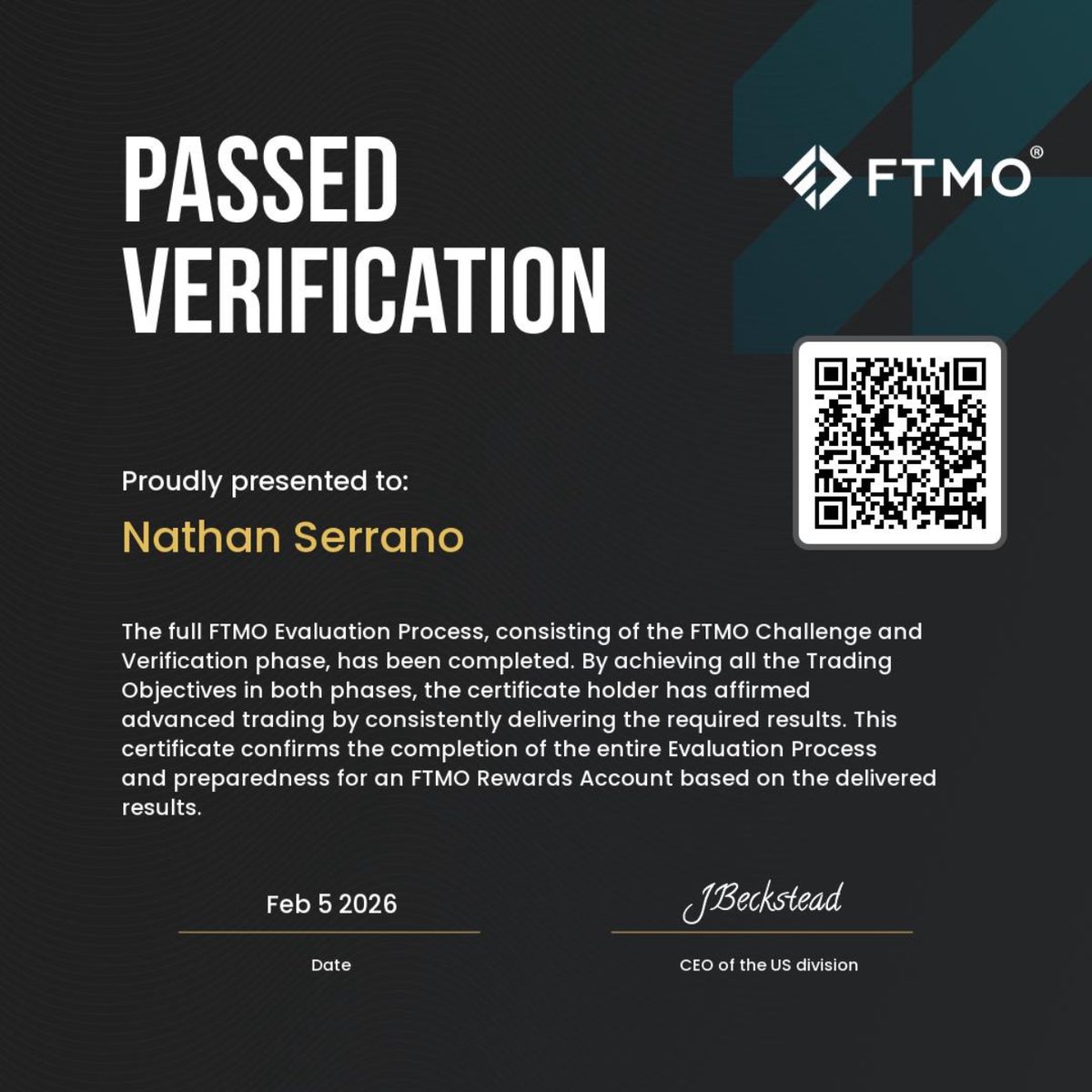 Nathan Serrano — FTMO Passed Verification certificate, February 5, 2026