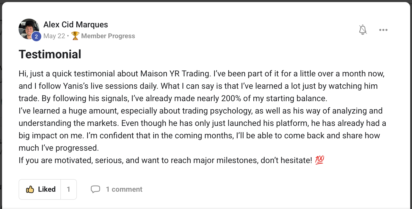 Alex — nearly 200% of his starting balance, in his own words