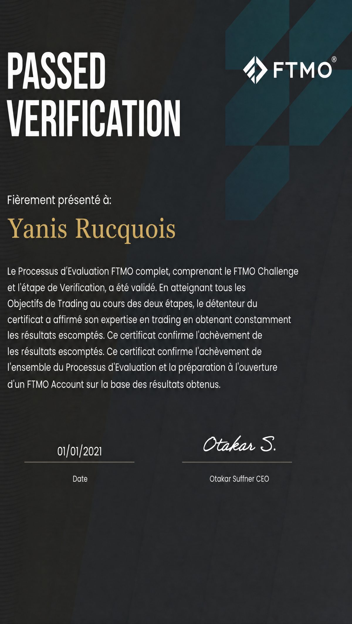 Yanis Rucquois — FTMO Passed Verification certificate